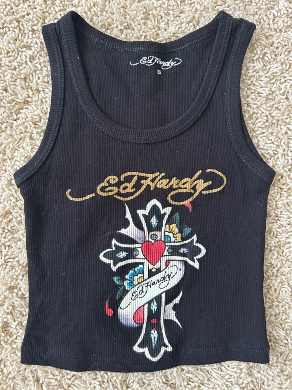 Ed Hardy Black Tank Top with Gold Logo and Multicolor Cross Graphic Size S